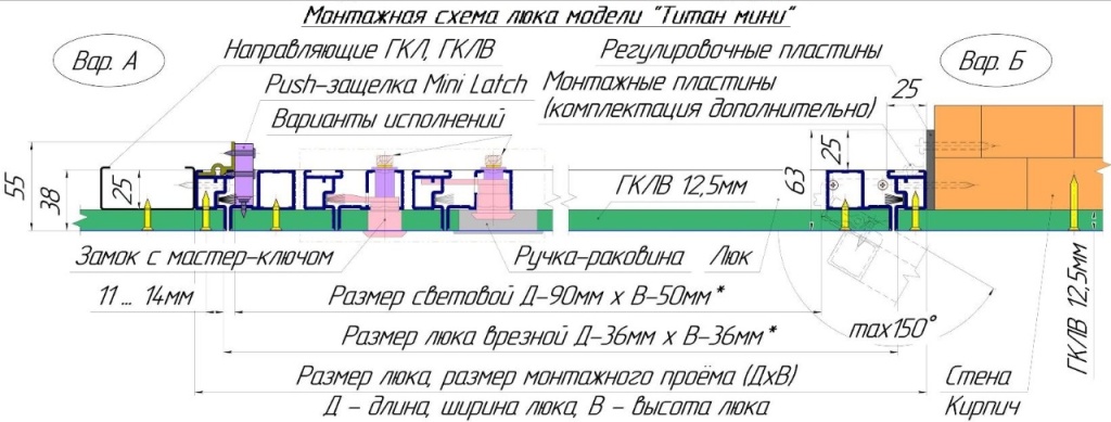 Люк под покраску Титан мини усиленный монтажная схема с установочными размерами Установочная схема с размерами